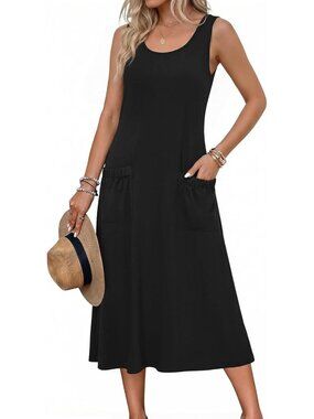 Women's Black Crewneck Midi Summer Sleeveless Tank Dress Beach Casual Sundress